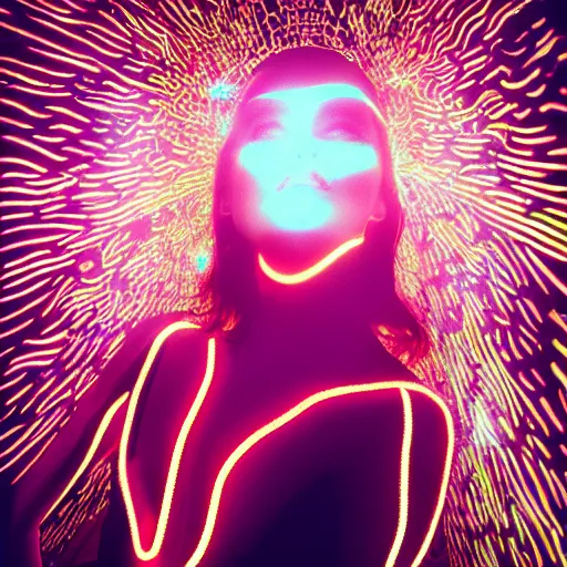 Image similar to neon glow viewpoint of the pale dead princess, cracks of blinding lights on the skin, vortex background shading, self portrait pic by 35mm