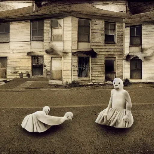 Image similar to A empty town full of ghostly children floating above the houses, photography, surrealism, dark, Crewdson, Gregory