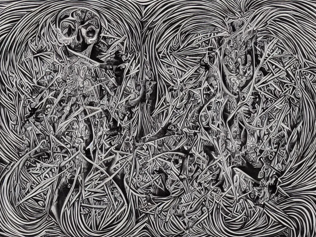 Image similar to meditation on death by Alex Grey and M. C. Escher collaboration