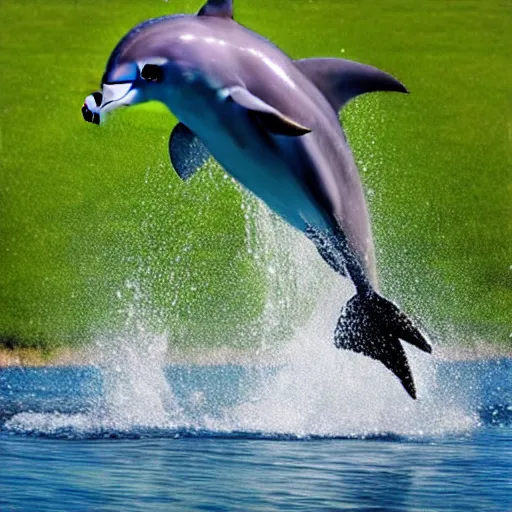 Prompt: dolphin leaping out of grass lawn