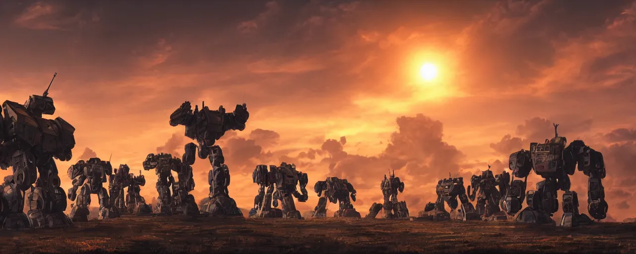 Image similar to A real photo of a giant mechwarrior robot and the sunset in the distance, by Josan Gonzalez, Yoji Shinkawa and Geof Darrow, highly detailed, Unreal Engine Render, 3D, 8k wallpaper