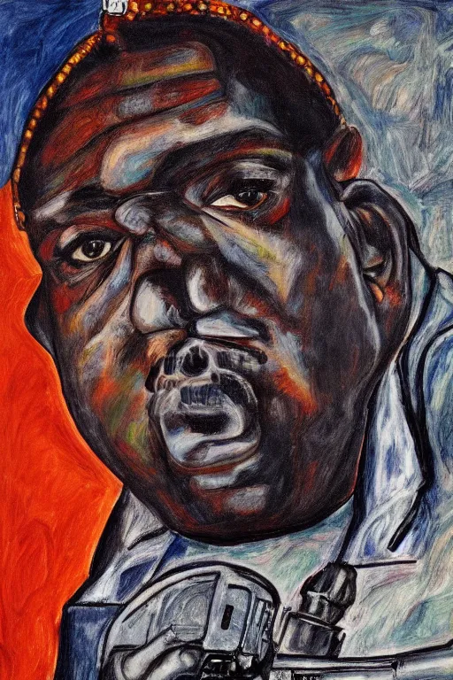 Prompt: a portrait of biggie smalls holding a gun in style of egon schiele, 4 k, trending on artstation