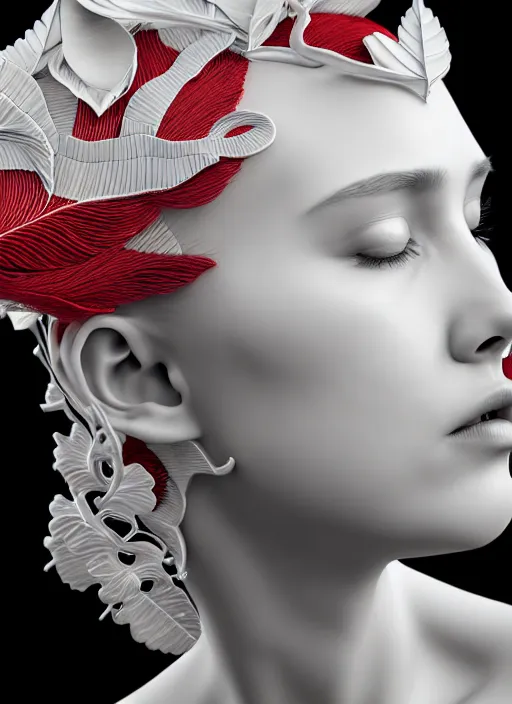 Prompt: complex 3d render ultra detailed of a beautiful porcelain profile young woman face, biomechanical cyborg, 200 mm lens, beautiful studio soft light, rim light, silver white gold red details, magnolia big leaves monochromatic and stems, roots, fine foliage lace, mesh wire, Alexander Mcqueen high fashion haute couture, art nouveau fashion embroidered, intricate details, hyper realistic, ultra detailed, mandelbrot fractal, anatomical, facial muscles, cable wires, microchip, elegant, octane render, H.R. Giger style, volumetric lighting, 8k post-production, trending on Artstation