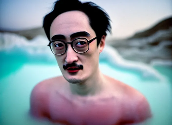 Image similar to Kodak Portra 400, 8K, soft light, volumetric lighting, highly detailed, portrait photo of a Filthy Frank by WLOP, the face emerges from a Pamukkale, thermal waters flowing down white travertine terraces with lotus flowers, inspired by Ophelia paint , blue shirt and hair are intricate with highly detailed realistic beautiful flowers , Realistic, Refined, Highly Detailed, ethereal lighting colors scheme, outdoor fine art photography, Hyper realistic, photo realistic, masterpiece