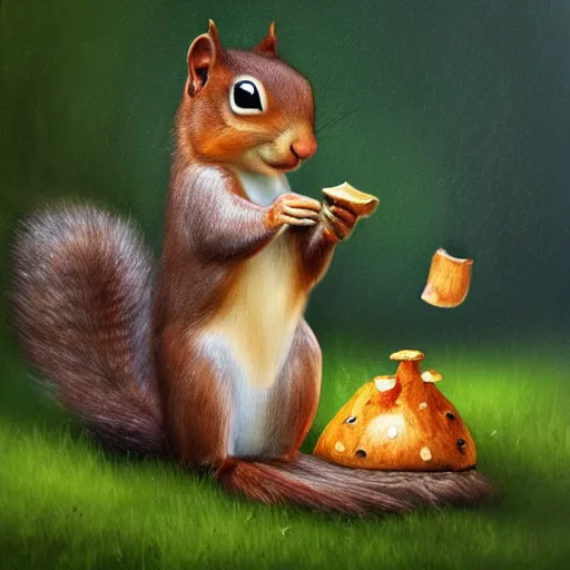Image similar to a squirrel hiding from the rain under a mushroom, artstationhq, trending on artstation, oil painting