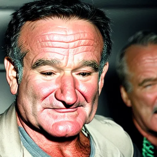 Prompt: robin williams makes the devil laugh, sinister lair, creepy hellscape, the devil os played by bill murray, saturated red skin, horns, photo