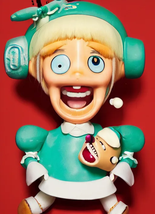 Image similar to a hyperrealistic lowbrow oil panting of a looney kawaii vocaloid figurine caricature with a big dumb goofy grin and pretty sparkling anime eyes featured on Wallace and Gromit by norman rockwell