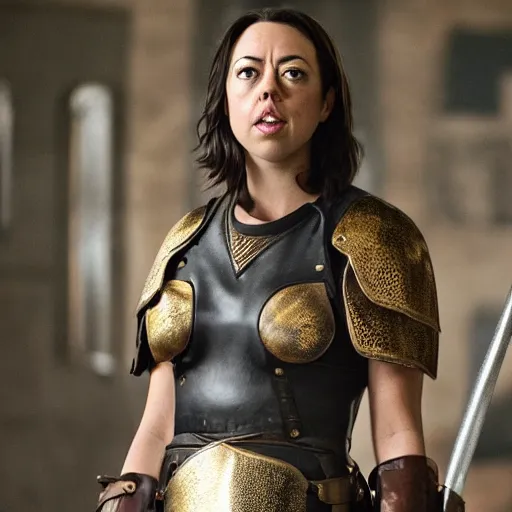 Image similar to aubrey plaza as a women warrior, leather, armor, battle axe , gold, black, brown, and white