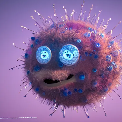 Image similar to tiny fur single - cell monster, floating, rbc, radiolaria, protophyta, micro - organisms, center, symmetric, rim light, marine microbiology, bioluminescence, electric, fur, soft, concept art, intricate details, highly detailed, colorful, photorealistic, disney pixar, octane render, iridescent, anime, 8 k