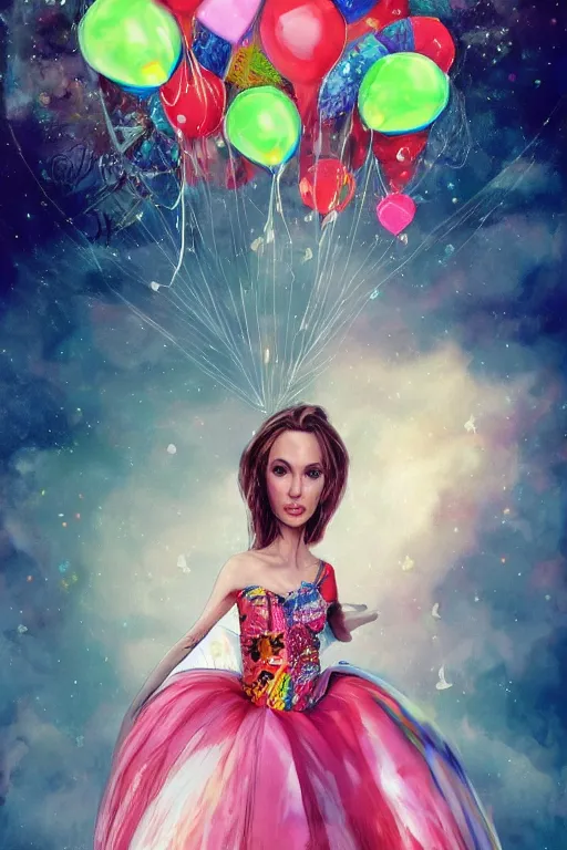 Prompt: young angelina jolie as an balloon woman dressed in intricate balloon clothing surrounded by tiny balloons, fantasy, wlop, trending on artstation, deviantart, anime key visual, official media, professional art, 8 k uhd