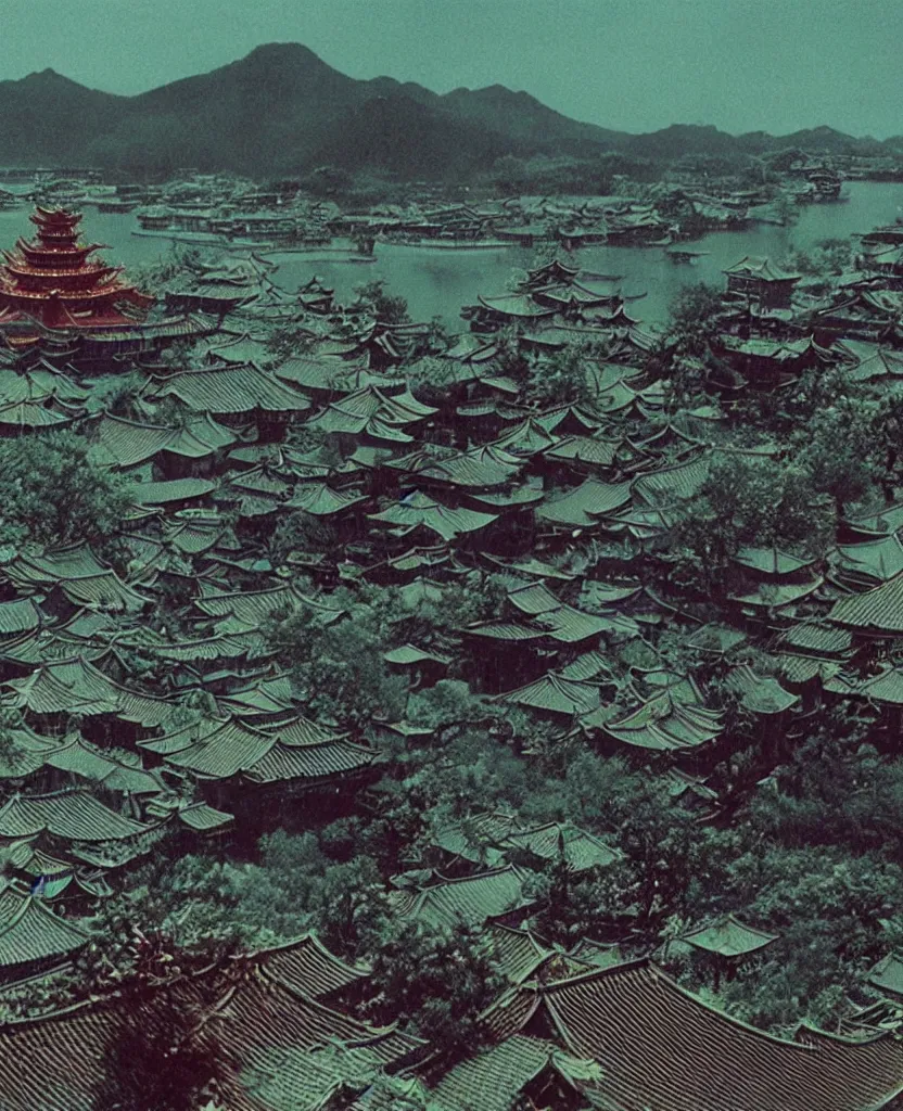 Image similar to a goryeo budhist icon of ONE giant Kaiju Starfish Monster over a traditional village, minimal cinematography by Akira Kurosawa, hyperrealistic movie filmstill, single subject, monster over city, dramatic minimal composition