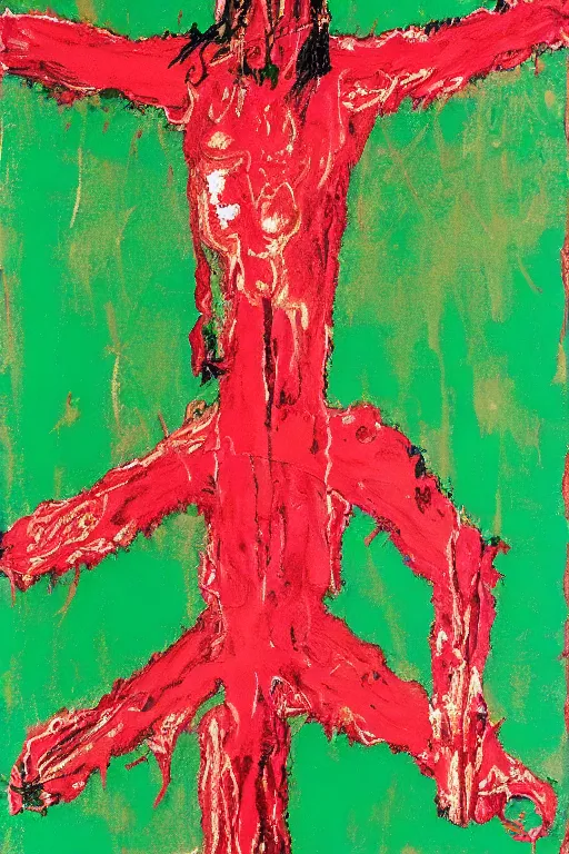 Image similar to green background with bloody christ crucified painted by cy twombly and andy warhol