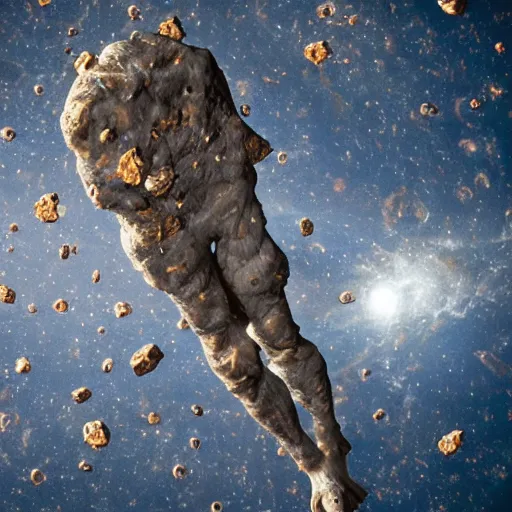 Image similar to arms and legs suspended in space surrounded by meteorites