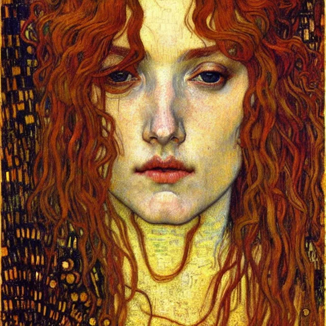 Image similar to detailed realistic beautiful young medieval queen face portrait by jean delville, gustav klimt and vincent van gogh, art nouveau, symbolist, visionary, gothic, pre - raphaelite, muted earthy colors, desaturated