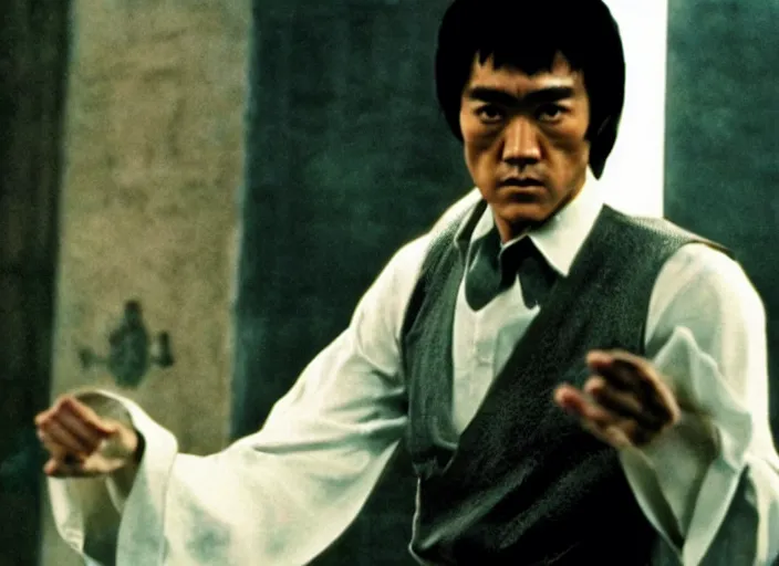 Image similar to a film still of professor bruce lee as albus dumbledore in harry potter