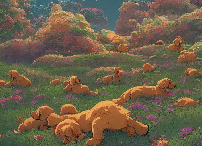 Image similar to concept art of a puppy landscape made of thousands of puppies, cel shaded, in the style of makoto shinkai and moebius and peter mohrbacher and anton fadeev