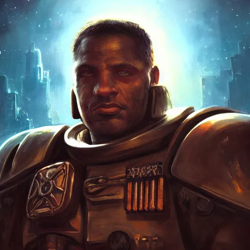 Image similar to closeup portrait of a space marine, dramatic lighting, city background, night, moon, chiaroscuro, high detail, painted by geoffroy thoorens, painted by igor sid, painted by raymond swanland, trending on artstation