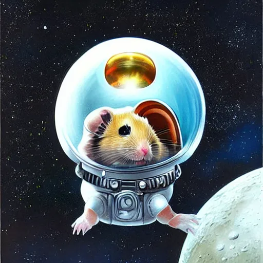 Prompt: hamster, wearing an cosmonaut helmet, russian cosmonaut, on the moon, art by artgerm and david a hardy