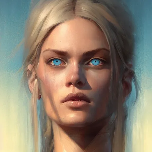 Image similar to A head-on detailed oil portrait of a beautiful woman with pale blue eyes and long yellow hair by greg rutkowski and artgerm, trending on artstation