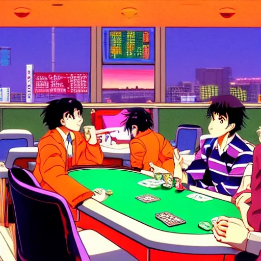 Prompt: man losing all his money at the poker table, sprite, vaporwave nostalgia, directed by beat takeshi, visual novel cg, 8 0 s anime vibe, kimagure orange road, maison ikkoku, sketch by osamu tezuka, directed by makoto shinkai and beat takeshi