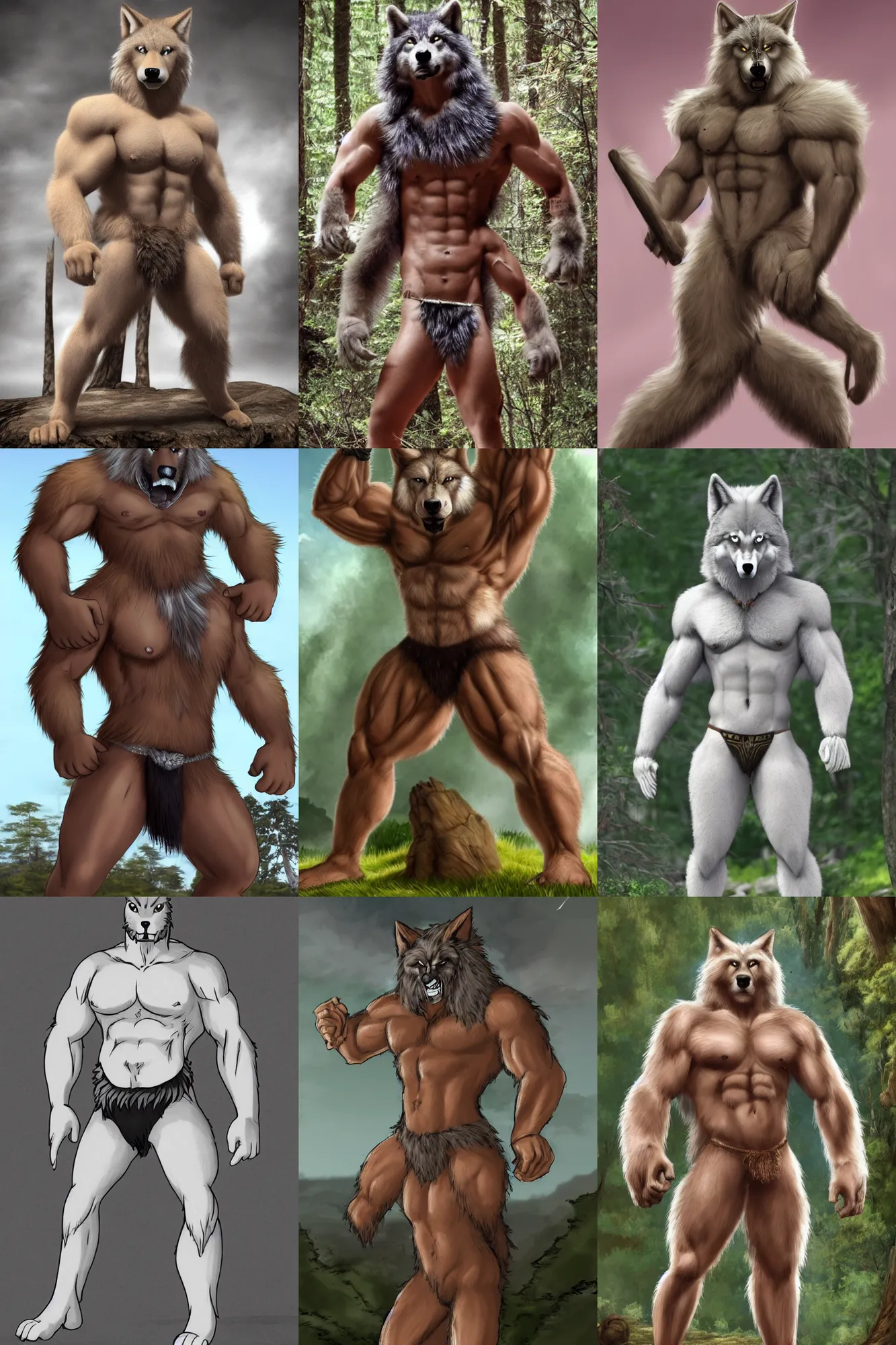Prompt: muscular anthro wolf fluffy beastman wearing loincloth posing to show his muscles