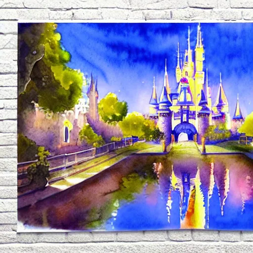 Prompt: a beautiful watercolour painting of the disney castle on a white canvas background, ultra detailed