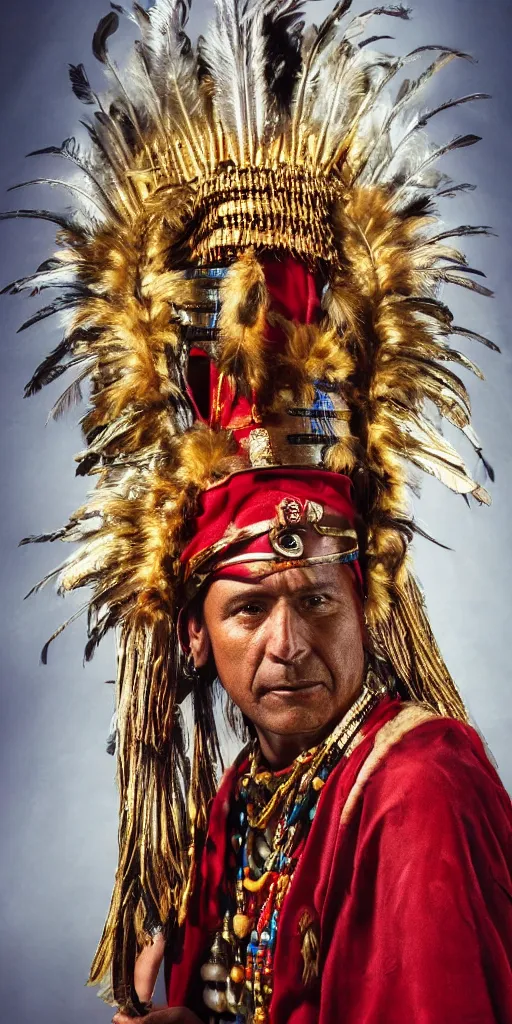 Image similar to portrait of inca king in 1 4 1 8, pacha kutiq inka yupanki. gold jewelry, old headdress with feather, with a red cape. unreal 5, hyper realistic, realistic, photo realistic, dynamic lighting, highly detailed, cinematic landscape, studio landscape, studio lighting