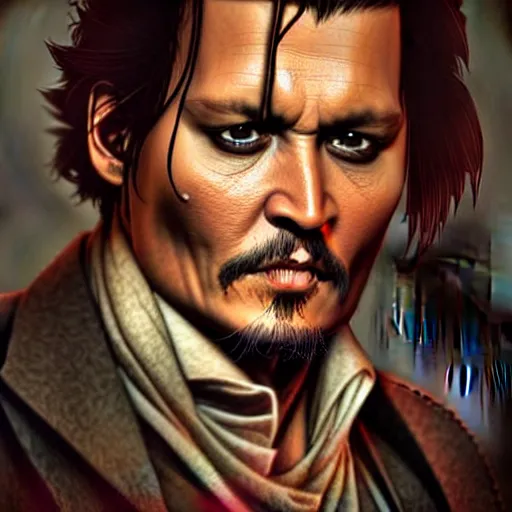 Image similar to Johnny Depp as Nathan Drake, western, D&D, fantasy, intricate, elegant, highly detailed, digital painting, artstation, concept art, matte, sharp focus, illustration, art by Artgerm and Greg Rutkowski and Alphonse Mucha