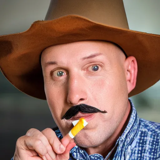 Prompt: bald man with a goatee, with the middle of his mustache shaved, wearing a usa cowboy hat, smoking a cigarette