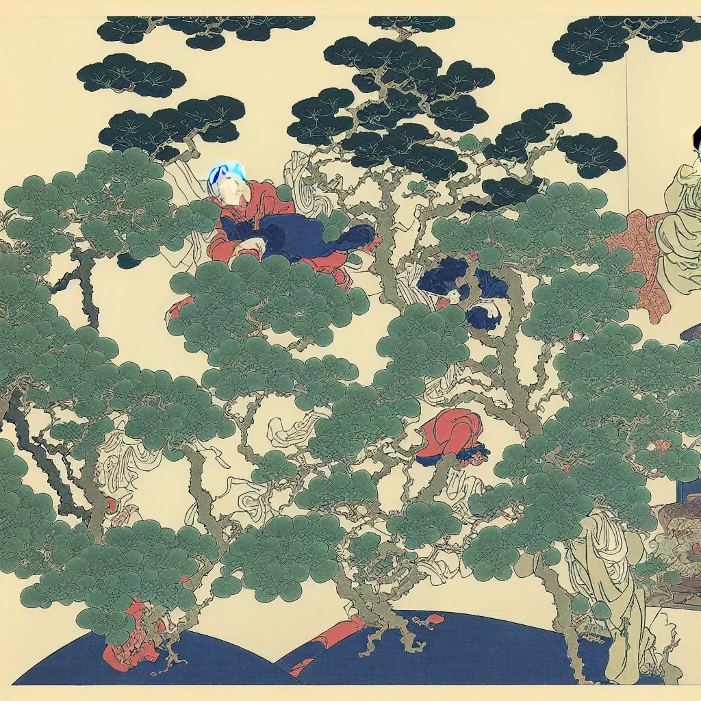 Prompt: luxury living room full of plants and trees by hokusai