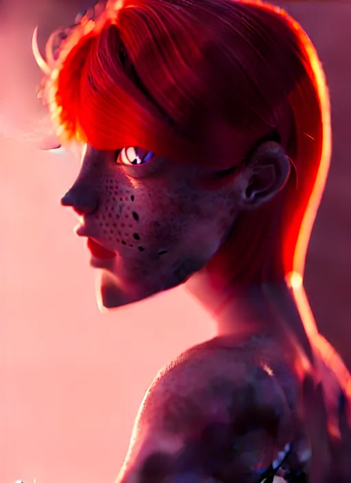 Image similar to a beautiful redhead scandinavian female humanoid with freckled cheek, cyber neon lighting, by loish, d & d, fantasy, futurism, cyberpunk fashion clothing, elegant profile posing, accurate anatomy, hyper photorealistic, digital photography, artstation, pinterest, concept art, art by pascal blanche and greg rutkowski,