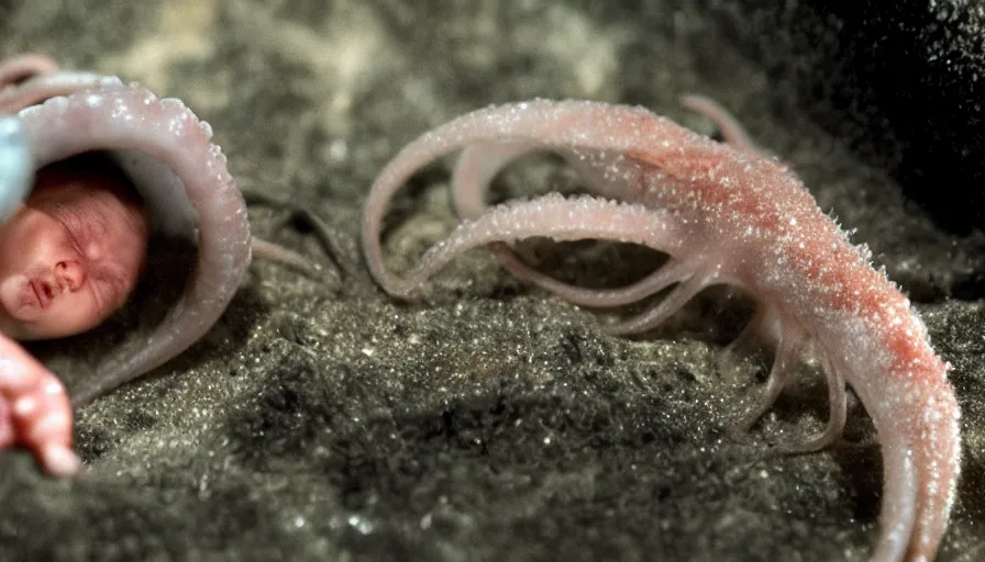 Image similar to Big budget horror movie, scientists examine a baby squid