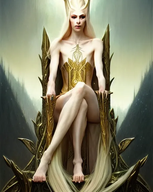 Image similar to tall slender elven queen sitting on the throne, full body, long white hair, pale skin, golden coloured eyes | | realistic shaded, fine details, fine - face, realistic shaded lighting poster by greg rutkowski, magali villeneuve, artgerm, jeremy lipkin, michael garmash, rob rey