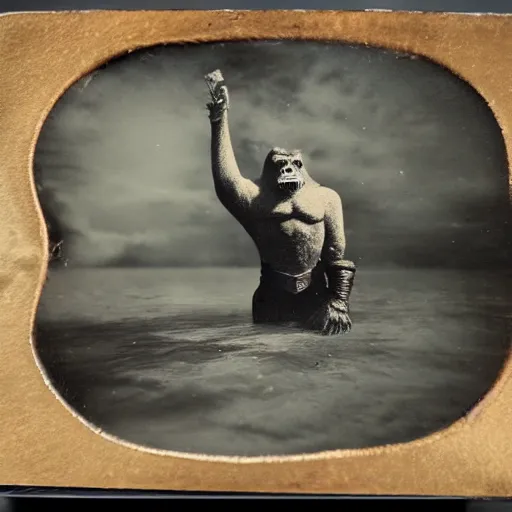 Prompt: tintype photo, underwater, King Kong and a squid