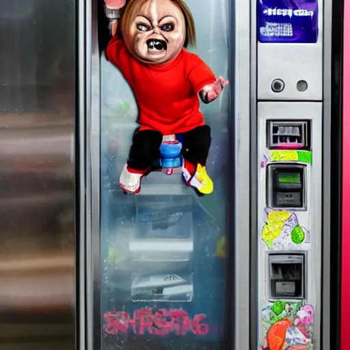 Prompt: tiny screaming chucky doll climbing out of a vending machine