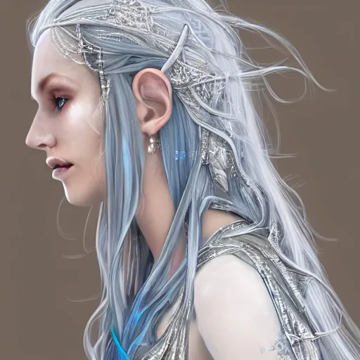 Image similar to an elven woman with long, silver hair cascading down her back. she has delicate, angular features and piercing blue eyes. she's clad in a flowing white dress with intricate silver embroidery, dynamic lighting, photorealistic fantasy concept art, trending on art station, stunning visuals, creative cinematic, ultra detailed