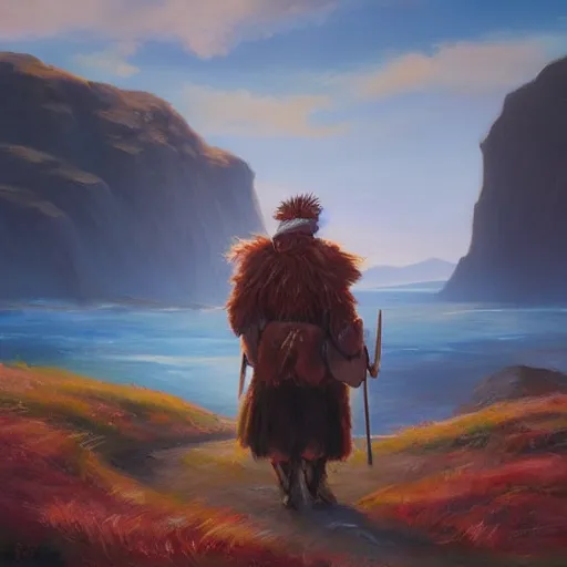 Prompt: A Scottish Highlander + A Claymour in Hand + The Highlands + by Noah Bradley