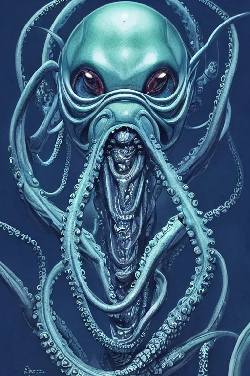 Image similar to digital portrait of octopus alien in the style of alien xenomorph, blue glow, machine face, intricate, elegant, highly detailed, digital painting, artstation, concept art, smooth, sharp focus, illustration, art by artgerm and greg rutkowski and hr giger, zdzisław beksinski, horror, slimy, blue glow 8 k