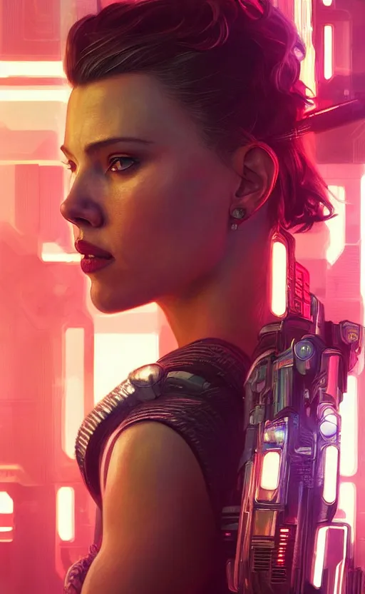 Image similar to portrait of scarlett johansonn as a character in arabian Cyberpunk 2077, looking at camera, intricate, dystopian, sci-fi, extremely detailed, digital painting, artstation, concept art, smooth, sharp focus, illustration, intimidating lighting, incredible art by artgerm and greg rutkowski and alphonse mucha and simon stalenhag