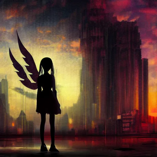 Prompt: digital art cyberpunk cityscape nighttime silhouette of young girl with wings in the foreground painted by turner 1860