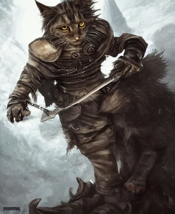Image similar to humanoid male khajiit rogue with a scar on left eye, wearing leather armor with a hood, mainecoon cat features with jet black fur, far - mid shot, magic the gathering, fantasy
