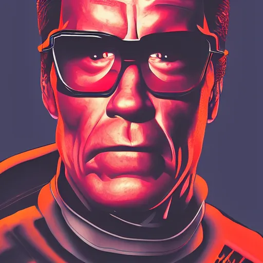 Prompt: cyberpunk arnold schwarzenegger from the movie red heat as the leader of a futuristic communist society, cybernetics, sharp lines, digital, artstation, colored in