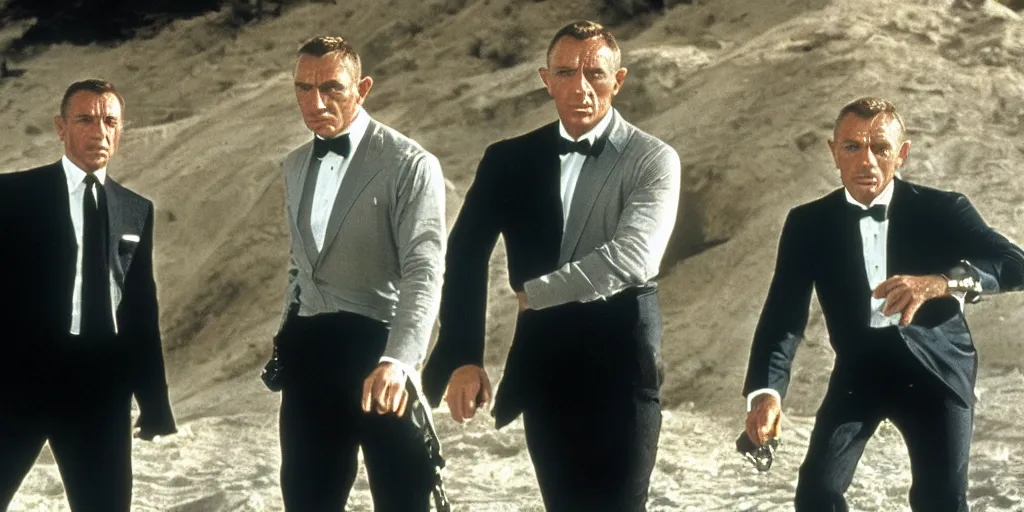 Prompt: Still of a James Bond movie with Daniel Craig as James Bond and Sean Connery as the father of James Bond