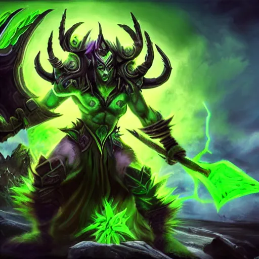 Image similar to malfurion stormrage fighting against illidan stormrage, magic, world of warcraft, fel, explosions, photorealistic, demon hunt