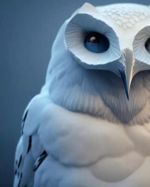 Prompt: closeup of a snow owls face, in the style of brian froud, digital art, unreal engine, volumetric lighting, dark moody lighting, post apocalyptic, 4 k