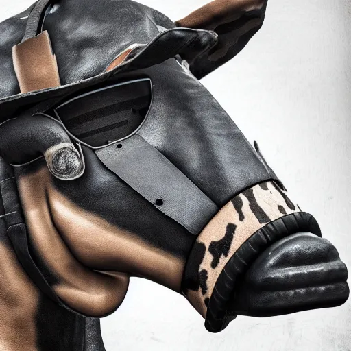 Image similar to a highly detailed ultra realistic photograph of a cow dressed in a fighter jet jumpsuit and mask