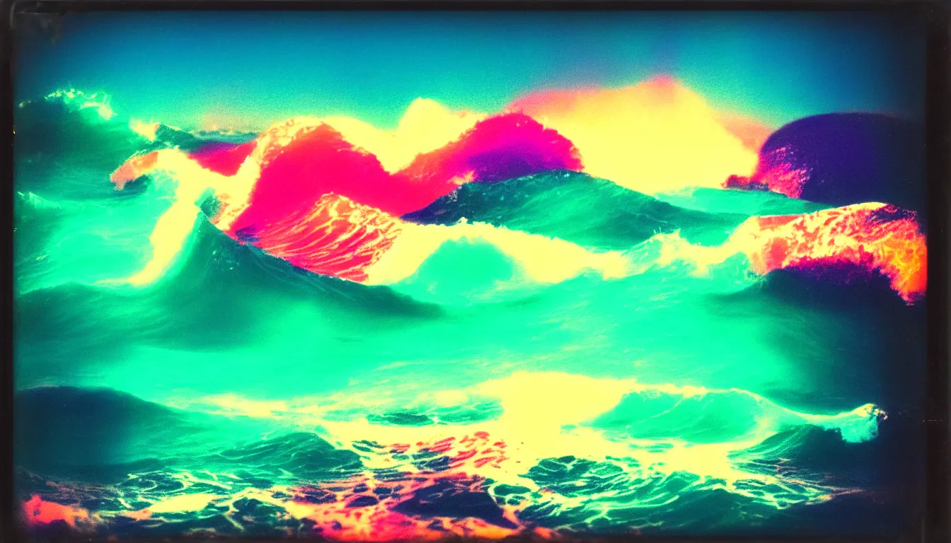 Prompt: colorful instant photograph ocean waves at night, polaroid, light leak, raw, nostalgic