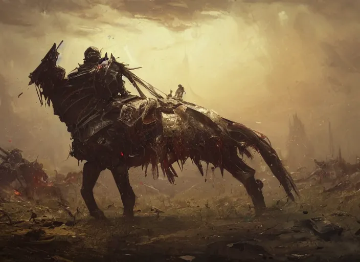 a beautiful wide angle view of an exhausted knight in Stable