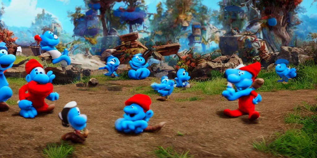 Prompt: still frame from the video game smurf spaghetti, award - winning, stunningly realistic, volumetric lighting, coherent, no artifacts, cinematic, atmospheric, studio quality