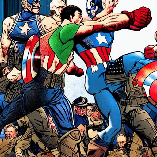 Image similar to photo of captain america fighting the english defence league in a british pub